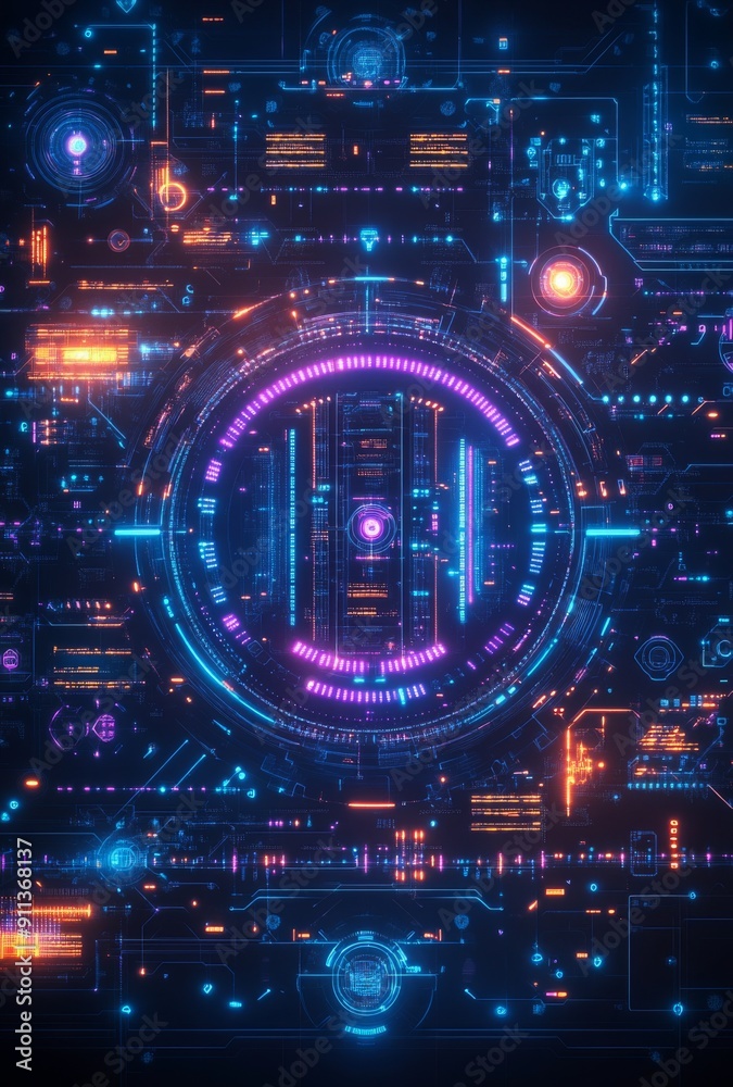 A visually striking cyberpunk interface showcasing data flow through glowing blue and purple circuits, with abstract patterns and high tech elements A visually striking cyberpunk interface showcasing data flow through glowing blue and purple circuits, with abstract patterns and high tech elements