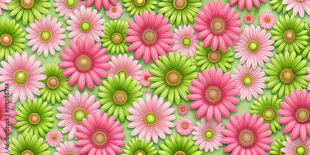 Seamless pattern with colorful pink and green daisies background Seamless pattern with colorful pink and green daisies background