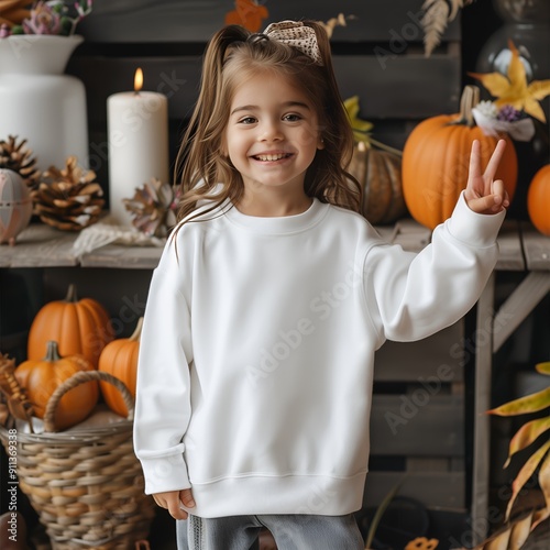 Halloween kids mockup. Baby girl model in white longsleeve shirt. Children's sweatshirt mock up. Autumn, fall, Thanksgiving, harvest season shirt mock photo