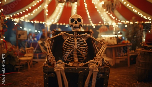 Sinister Skeleton Seated in Haunted Carnival Tent for Halloween Chills Halloween horror photo