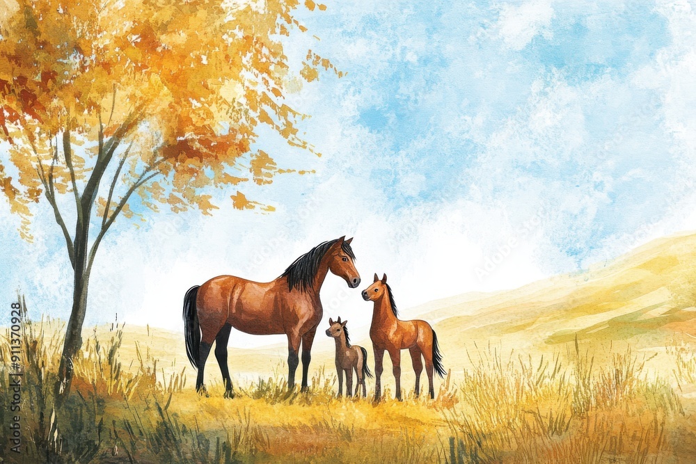 A serene scene of a horse and its two foals in a golden field with a colorful autumn tree under a blue sky. A serene scene of a horse and its two foals in a golden field with a colorful autumn tree under a blue sky.