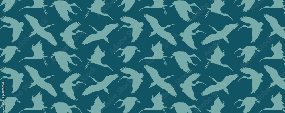 Birds silhouettes on dark background. Flying ibis birds pattern. Vector seamless wallpaper with tropical birds of Trinidad Tobago island