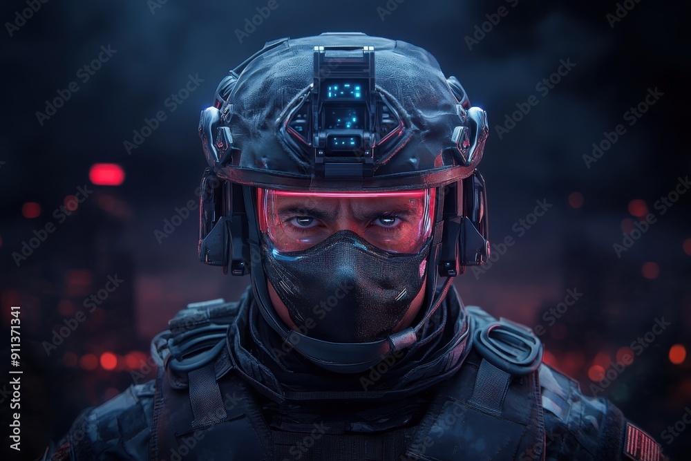 A futuristic soldier equipped with an advanced combat helmet, standing against a night-time city backdrop, embodying the concept of modern warfare and technology. A futuristic soldier equipped with an advanced combat helmet, standing against a night-time city backdrop, embodying the concept of modern warfare and technology.