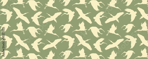 Birds silhouettes on green background. Flying ibis birds pattern. Vector seamless wallpaper with tropical birds of Trinidad Tobago island