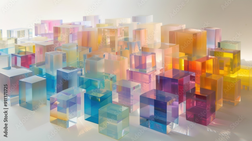 Abstract concept. Colorful glass cubes pop out of white blood cells on the floor. Rainbow colors 3d illustration.