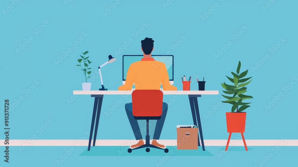 Man tidying up a home office, desk neatly organized Man tidying up a home office, desk neatly organized