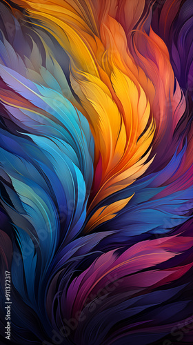 Colorful Bird Feathers Watercolor Oil Painting, Abstract Image, Texture, Pattern Background, Wallpaper, Cover and Screen of Smartphone, Cell Phone, Computer, Laptop, 9:16 and 16:9 Format
