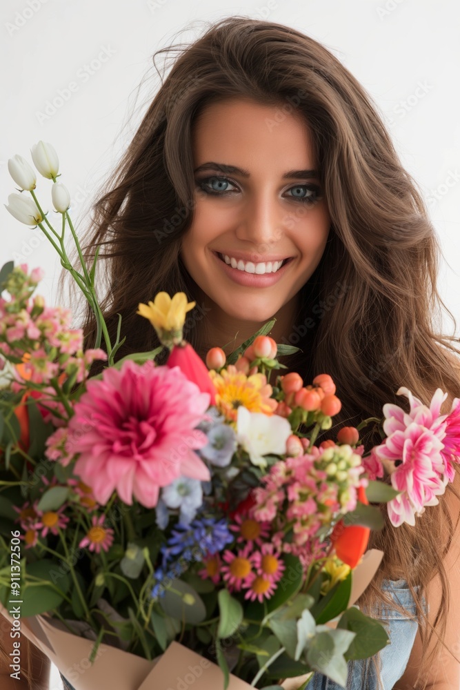 A young woman holding a vibrant bouquet of flowers, smiling with emotions of happiness and beauty. A young woman holding a vibrant bouquet of flowers, smiling with emotions of happiness and beauty.
