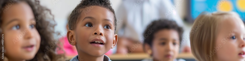 Curious children sitting in a kindergarten classroom, smiling and learning, enjoying education together. Curious children sitting in a kindergarten classroom, smiling and learning, enjoying education together.