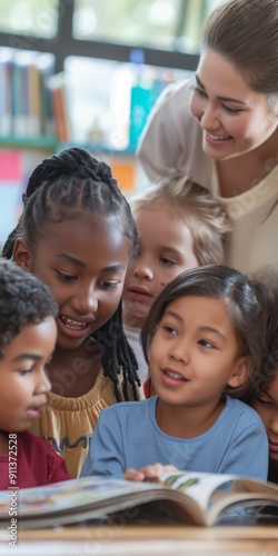 A group of diverse children sitting in a classroom, enjoying reading a book with their teacher.