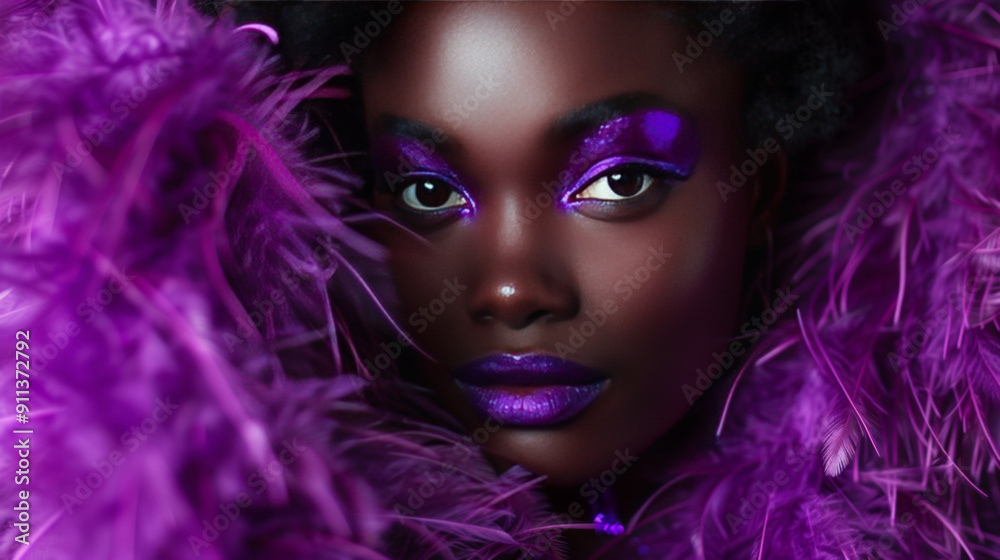 Closeup Portrait of Black Woman with Purple Feather Accents Closeup Portrait of Black Woman with Purple Feather Accents