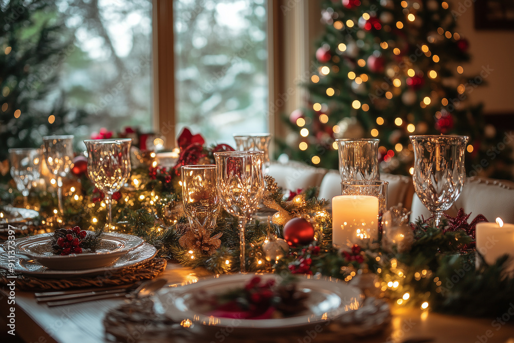 Elegant Christmas dinner table with festive decorations Elegant Christmas dinner table with festive decorations