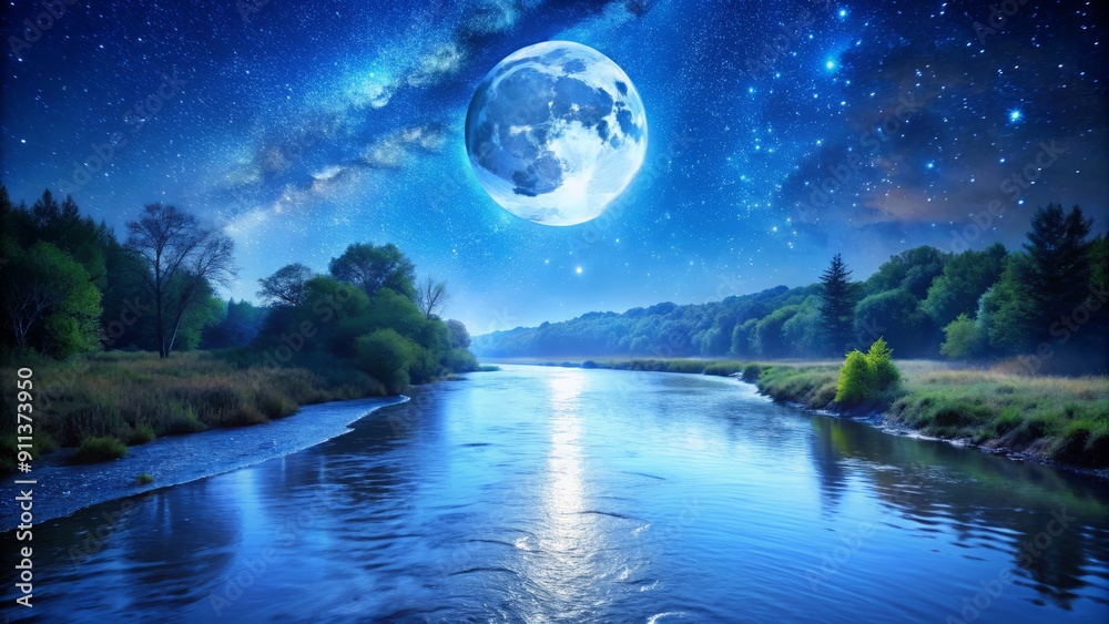 Serenene night scene featuring a tranquil blue river flowing gently under a full white moon, set against a soothing blue starry sky background. Serenene night scene featuring a tranquil blue river flowing gently under a full white moon, set against a soothing blue starry sky background.