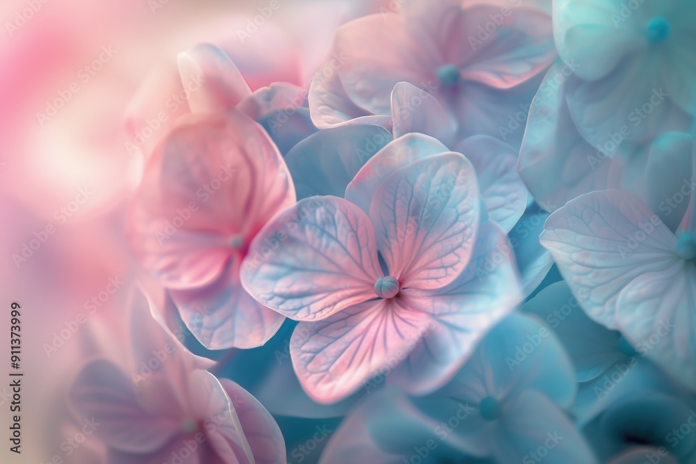 Dreamlike close-up of hydrangea flowers in full bloom. Captures the elegance and fragility of blue and pink petals, perfect for summer garden backgrounds and romantic decorations. Dreamlike close-up of hydrangea flowers in full bloom. Captures the elegance and fragility of blue and pink petals, perfect for summer garden backgrounds and romantic decorations.