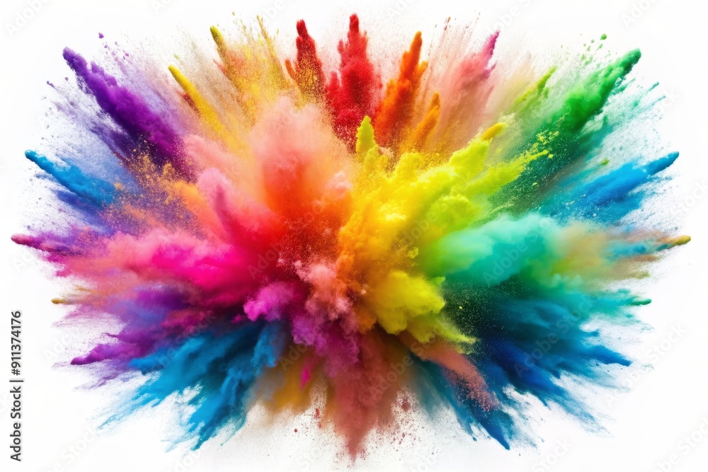 Fototapeta premium Vibrant rainbow colors burst forth in a dynamic explosion of powdery hues, isolated on a pristine white background, capturing whimsical energy and playful creativity.