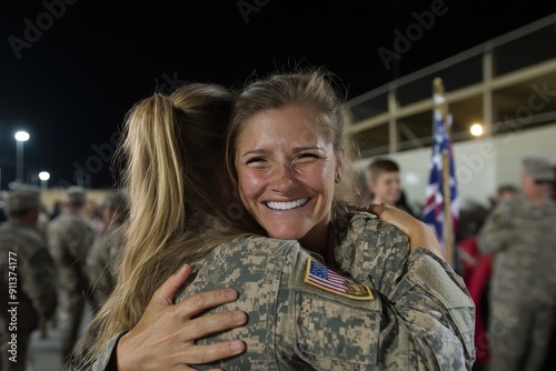 A happy woman hugs another person in a military uniform at a reunion, capturing a moment of joy and emotion, amidst a backdrop of soldiers welcoming each other home.