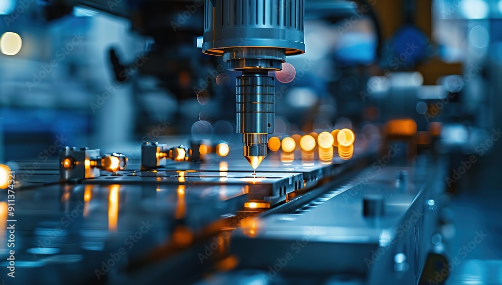 Close-up of an industrial machine with glowing lights, casting dynamic shadows on the glossy surface Close-up of an industrial machine with glowing lights, casting dynamic shadows on the glossy surface