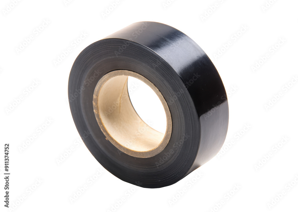 A black electrical tape roll used for insulation and electrical purposes. Isolated on transparent background, png. A black electrical tape roll used for insulation and electrical purposes. Isolated on transparent background, png.