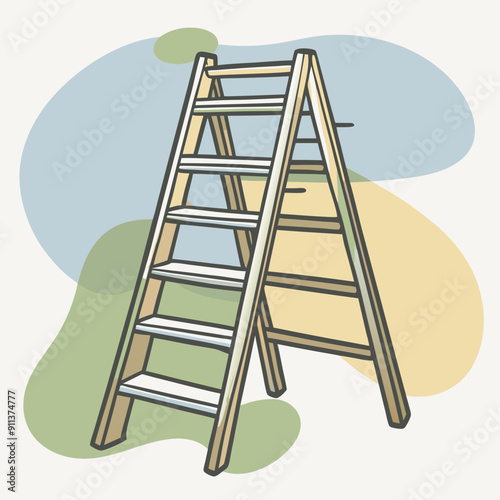 Autumn-Themed Vector Illustration Featuring a Rustic Ladder on a Background with Colorful Blue, Olive, and Orange Splatters. Cozy Fall Decor Concept for Seasonal Designs and Home Decoration Projects
