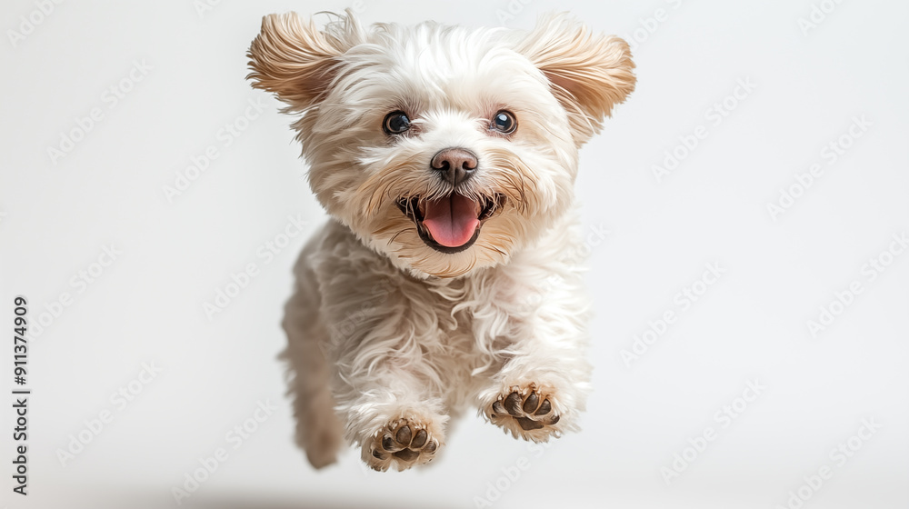 Studio shot of a cute Maltese jumping against a white background. Studio shot of a cute Maltese jumping against a white background.