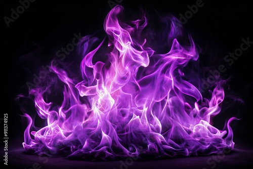 Vibrant purple flames erupt from darkness, dancing across a black background in a mesmerizing display of intense heat and fiery energy, exuding power and mystery.