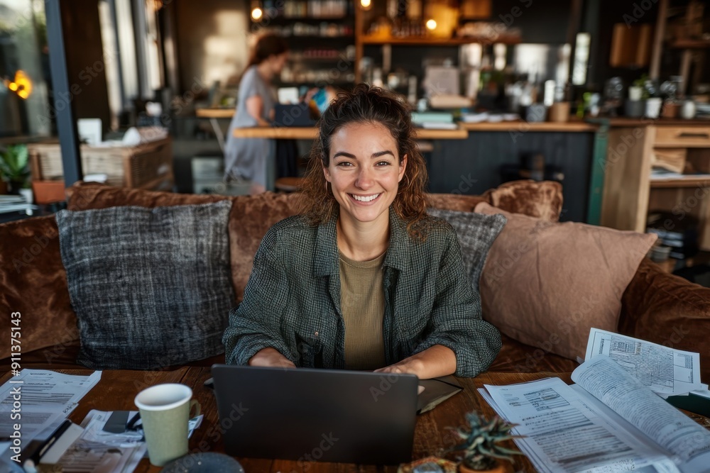 A smiling woman sits at her laptop in a warm and inviting home workspace, surrounded by papers, capturing the essence of a happy and productive remote work setting. A smiling woman sits at her laptop in a warm and inviting home workspace, surrounded by papers, capturing the essence of a happy and productive remote work setting.