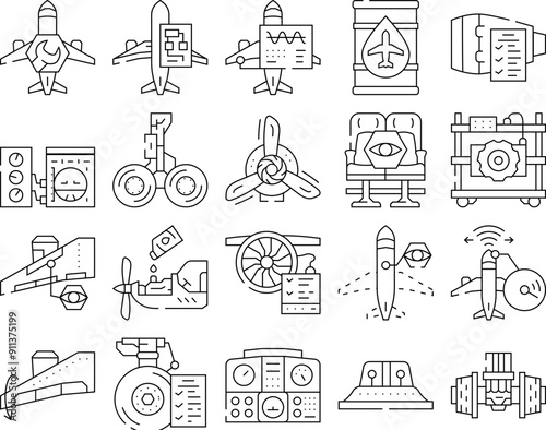 aircraft mechanic aviation icons set vector. maintenance plane, jet engine, airplane airport, technician industry, repair aircraft mechanic aviation black contour illustrations