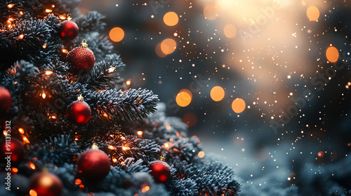 A close up of a Christmas tree with red ornaments and twinkling lights, with a snowy background