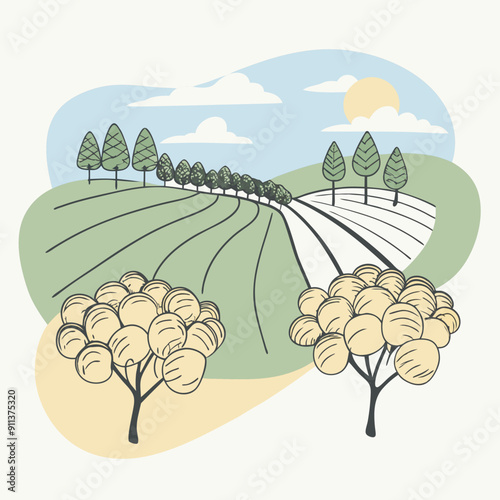 Colorful Autumn Vector Illustration Featuring Blue, Olive, and Orange Splashes, Depicting an Apple Orchard Scene. Vibrant Seasonal Background Perfect for Fall Designs and Artistic Projects