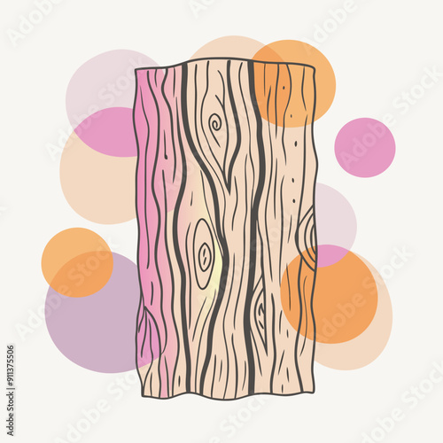 Autumn Linear Illustration: Warm and Cozy Scene with Textured Wood Background, Blackberry Bush, Surrounded by Pink, Orange, and Purple Color Splashes.