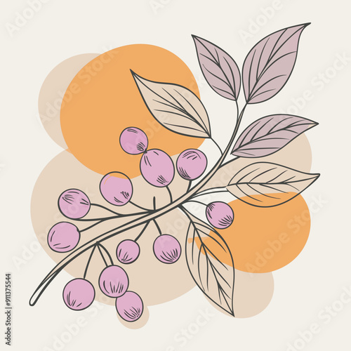 Cozy Autumn Linear Illustration with Pink, Orange, and Purple Color Spots Background Featuring Branch with Berries. Warm and Inviting Atmosphere of Comfort and Warmth