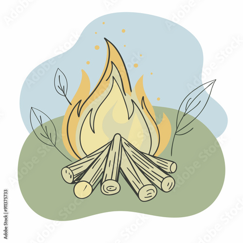 Vector illustration of autumn theme with a campfire on a colorful background of blue, olive, and orange watercolor splashes. Cozy fall evening by the fire outdoor concept, perfect for seasonal designs
