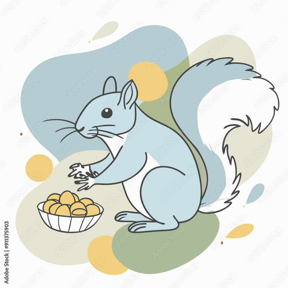 Vector illustration of an autumn scene featuring a squirrel with nuts on a vibrant background of blue, olive, and orange watercolor splashes. Ideal for fall season designs, nature themes, and seasonal Vector illustration of an autumn scene featuring a squirrel with nuts on a vibrant background of blue, olive, and orange watercolor splashes. Ideal for fall season designs, nature themes, and seasonal