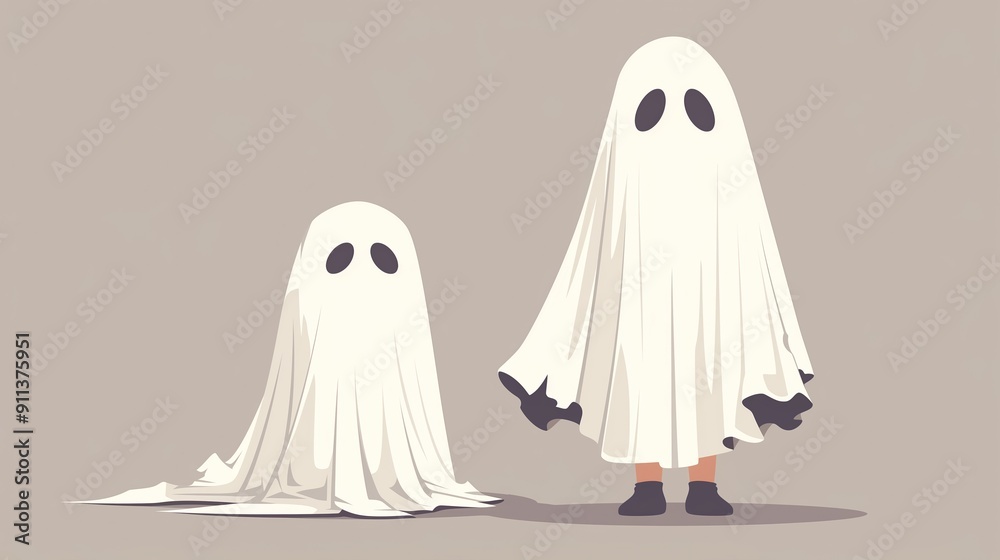 Two Children in Ghost Costumes Standing Side by Side, Halloween-Themed, Minimalist Background, Family Fun, Trick or Treat, Spooky and Cute Costume Ideas, Holiday Celebration, Childhood Memories