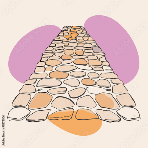 Autumn Illustration with Linear Drawing of a Stone Pathway on a Background of Pink, Orange, and Purple Color Patches. Warm and Cozy Hand-Drawn Fall Artwork, Perfect for Seasonal Decorations and Nature