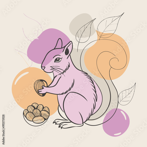 Cozy autumn linear illustration featuring a squirrel nibbling on nuts amid pink, orange, and purple color splashes. Warm and inviting scene with a touch of nature's charm