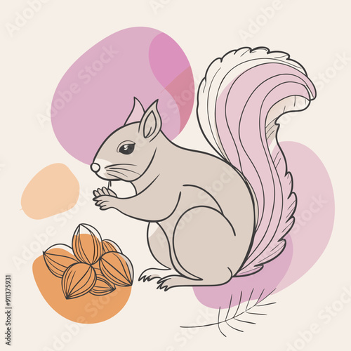 Cozy autumn linear illustration featuring a squirrel nibbling on nuts amid pink, orange, and purple color splashes. Warm and inviting scene with a touch of nature's charm
