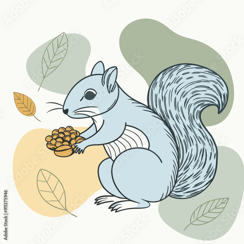 Vector illustration of an autumn scene featuring a squirrel with nuts on a vibrant background of blue, olive, and orange watercolor splashes. Ideal for fall season designs, nature themes, and seasonal