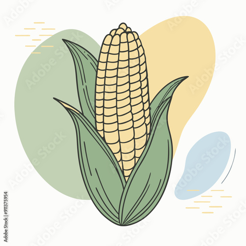 Vector Illustration of an Autumn-Themed Ear of Corn with Vibrant Blue, Olive, and Orange Color Splashes in the Background. Perfect for Seasonal Decorations, Harvest Festival Designs, and Cozy Fall Con