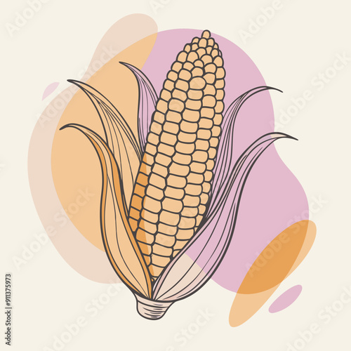 Cozy autumn linear illustration featuring a corn cob amid pink, orange, and purple color splashes. Warm and inviting vibes captured in this artistic depiction photo