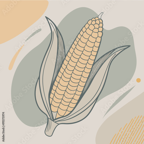 Vector Illustration of an Autumn-Themed Ear of Corn with Vibrant Blue, Olive, and Orange Color Splashes in the Background. Perfect for Seasonal Decorations, Harvest Festival Designs, and Cozy Fall Con