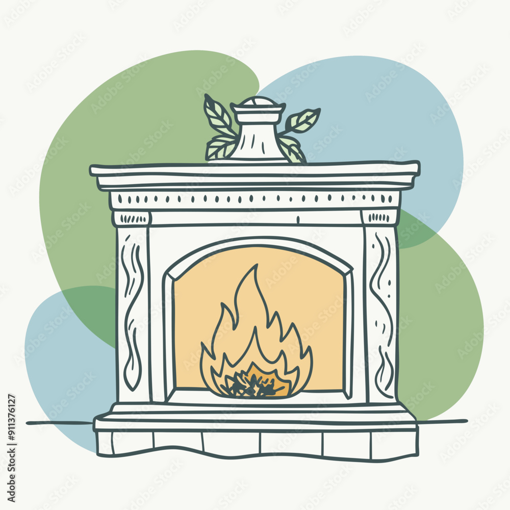 Vector Illustration of Cozy Autumn Fireplace with Flames Set Against Vibrant Blue, Olive, and Orange Color Splashes. Perfect for Seasonal Decorations, Warm Fall-Themed Designs, and Comforting Atmosphe Vector Illustration of Cozy Autumn Fireplace with Flames Set Against Vibrant Blue, Olive, and Orange Color Splashes. Perfect for Seasonal Decorations, Warm Fall-Themed Designs, and Comforting Atmosphe