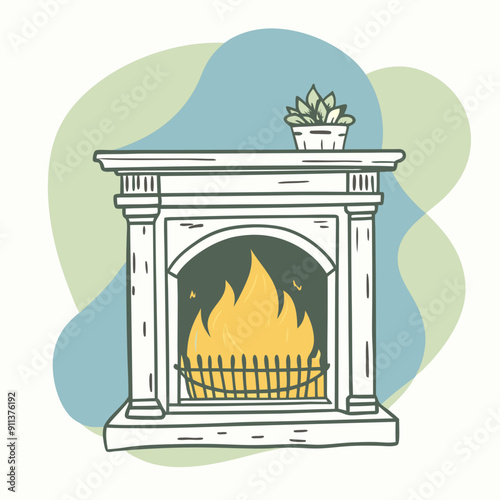 Vector Illustration of Cozy Autumn Fireplace with Flames Set Against Vibrant Blue, Olive, and Orange Color Splashes. Perfect for Seasonal Decorations, Warm Fall-Themed Designs, and Comforting Atmosphe