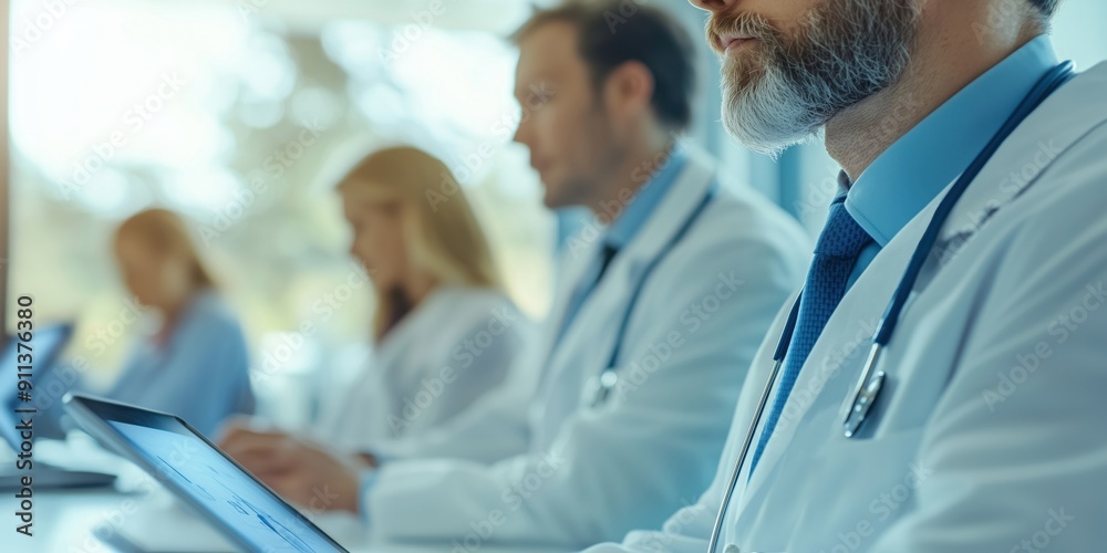 Selective focus of male doctors in online meetings. Generative AI Selective focus of male doctors in online meetings. Generative AI