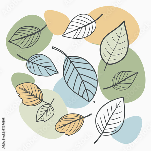 Vector illustration of an autumn scene featuring colorful falling leaves on a vibrant background of blue, olive, and orange splashes. Perfect for seasonal designs, autumn decorations, and festive fall