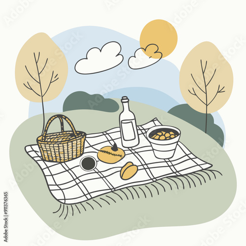 Autumn vector illustration with vibrant blue, olive, and orange color splashes. Cozy picnic scene featuring a checkered blanket with a basket, capturing the essence of fall outdoor activities