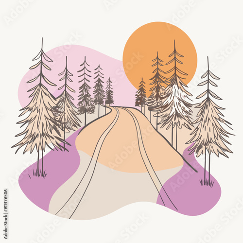 Enchanting Autumn Illustration: Linear Drawing of a Forest Road under a Full Moon, Set against Pink, Orange, and Purple Colorful Blotches, Radiating Cosiness and Warmth