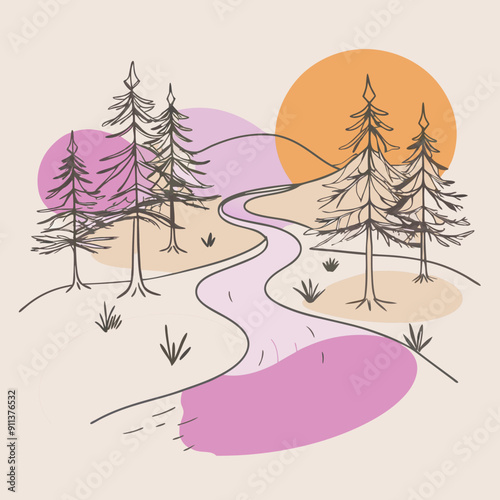 Enchanting Autumn Illustration: Linear Drawing of a Forest Road under a Full Moon, Set against Pink, Orange, and Purple Colorful Blotches, Radiating Cosiness and Warmth