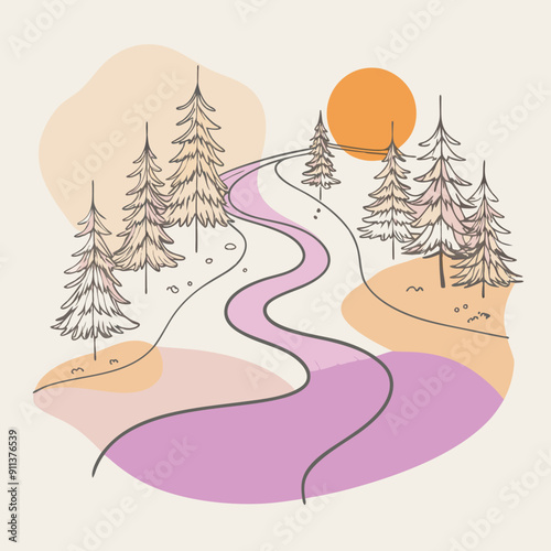 Enchanting Autumn Illustration: Linear Drawing of a Forest Road under a Full Moon, Set against Pink, Orange, and Purple Colorful Blotches, Radiating Cosiness and Warmth