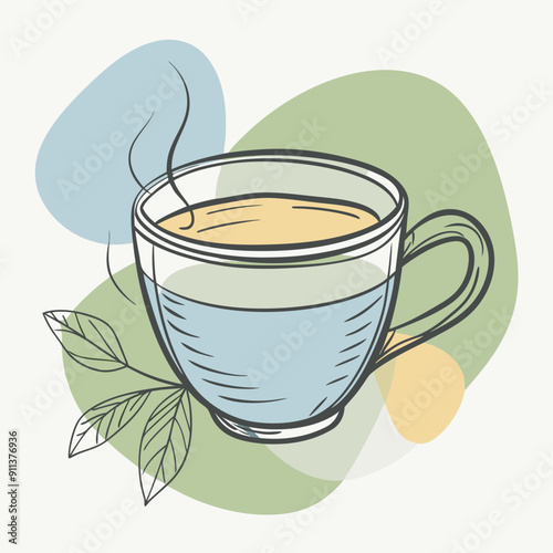 Vector illustration of a steaming hot cup of tea in blue, olive, and orange hues. Perfect for autumn-themed designs, cozy and comforting moments, and seasonal beverage advertisements. Ideal for fall 